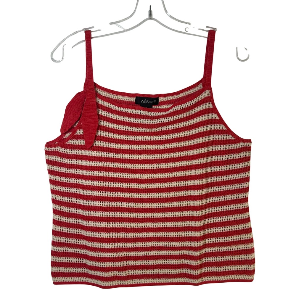 WilliSmith‎ Red Cream Striped Crochet Knit Camisole Top Bow Detail Cotton XL